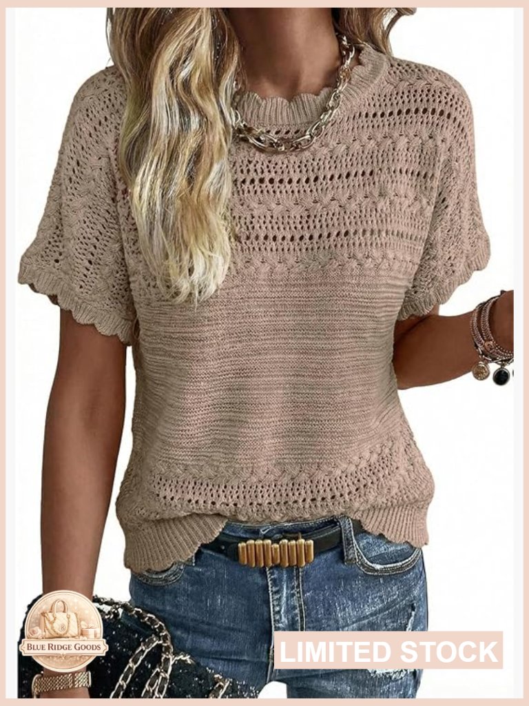 Short Sleeve Knit Sweater Top Relaxed Fit Crochet Crew Neck Pullover